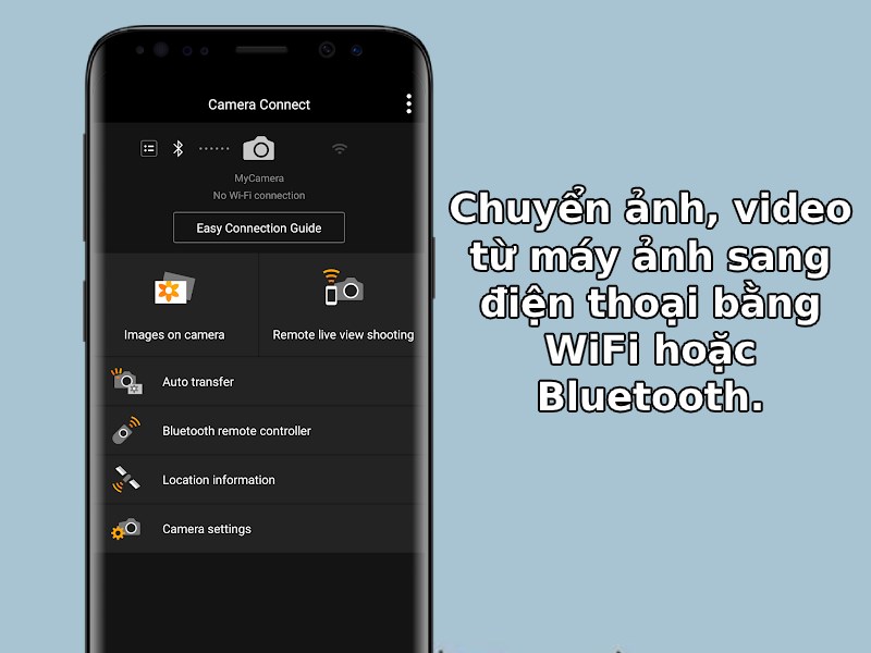 Chuyển ảnh, video từ máy ảnh sang điện thoại bằng WiFi hoặc Bluetooth.