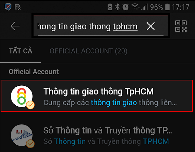 Tìm trang TTGT TPHCM trên Zalo