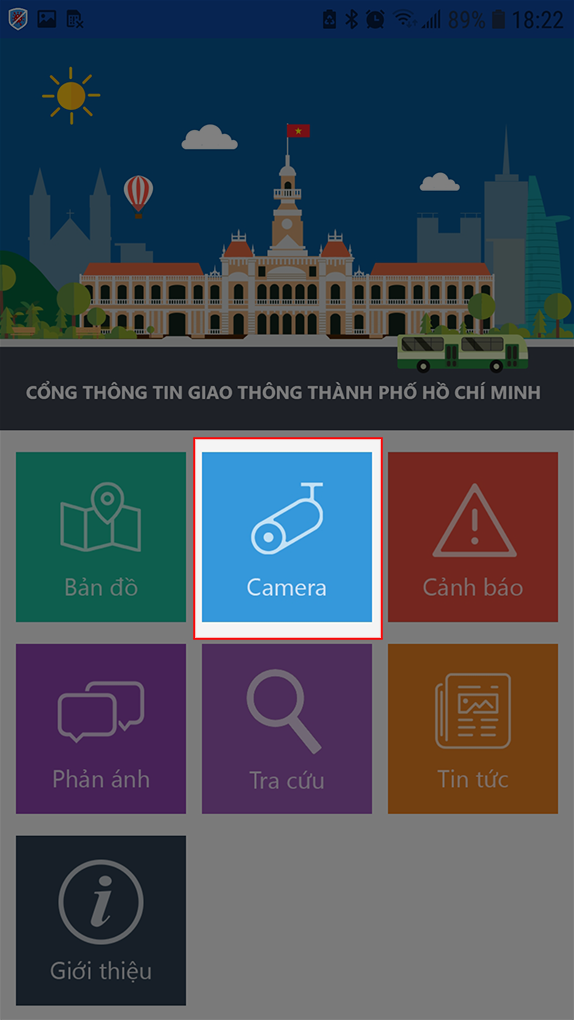 Chọn Camera tại giao diện chính của ứng dụng TTGT Tp HCM