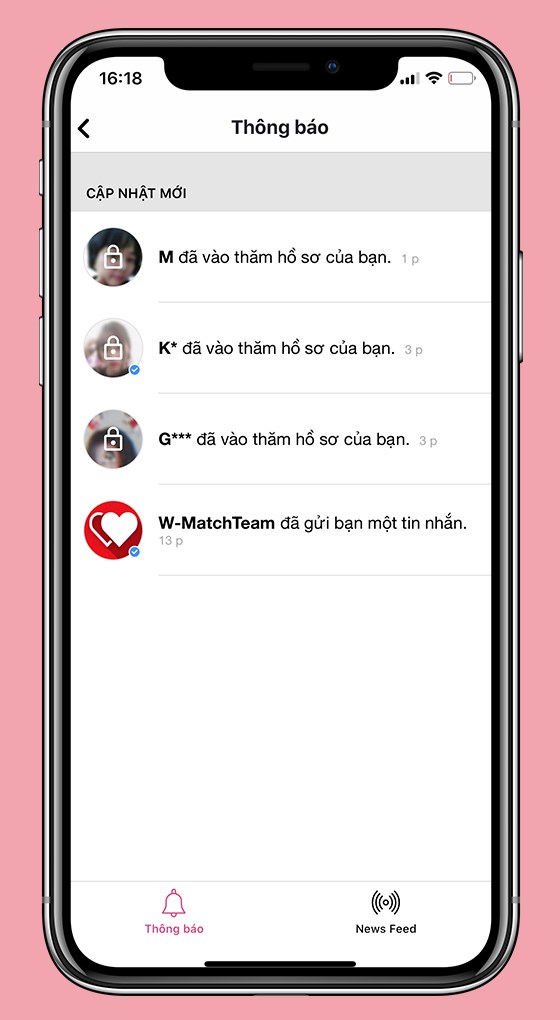 W-Match gửi thống b&aacute;o khi c&oacute; người th&iacute;ch hoặc nhắn tin cho bạn