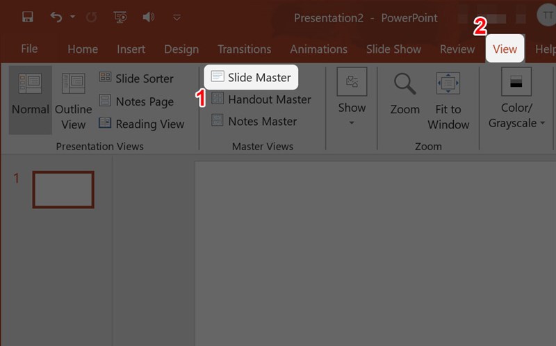 Vào tab View sau đó Chọn Slide Master.