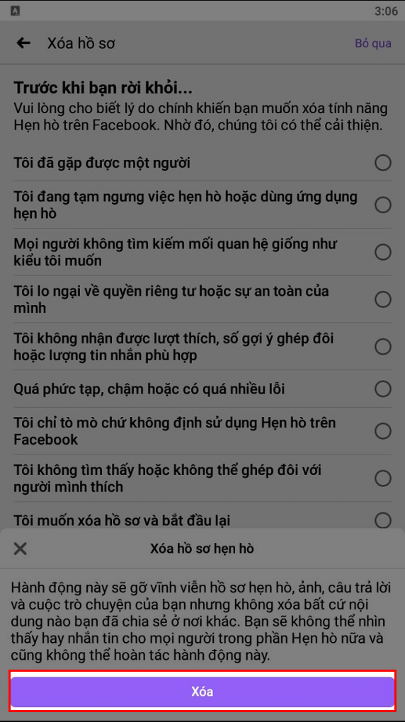 Xác nhận xóa hồ sơ hẹn hò