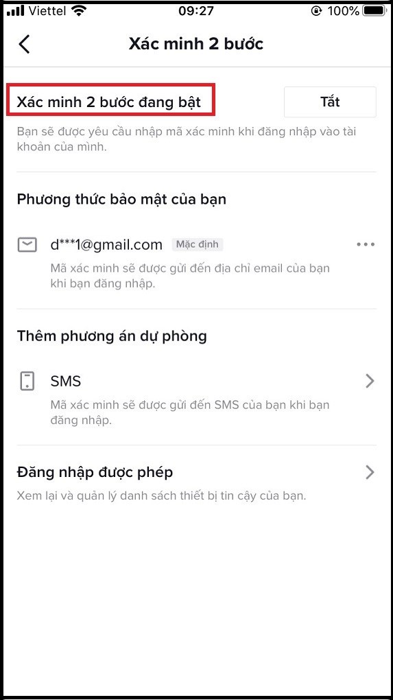 X&aacute;c minh 2 bước đ&atilde; được thiết lập