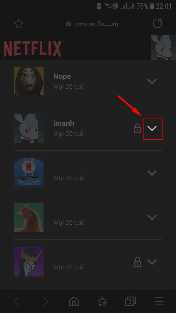 K&eacute;o xuống chọn v&agrave;o Hồ sơ của bạn