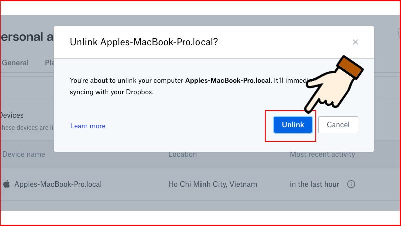 Xác nhận đăng xuất chọn Unlink để hoàn tất đăng xuất từ xa.