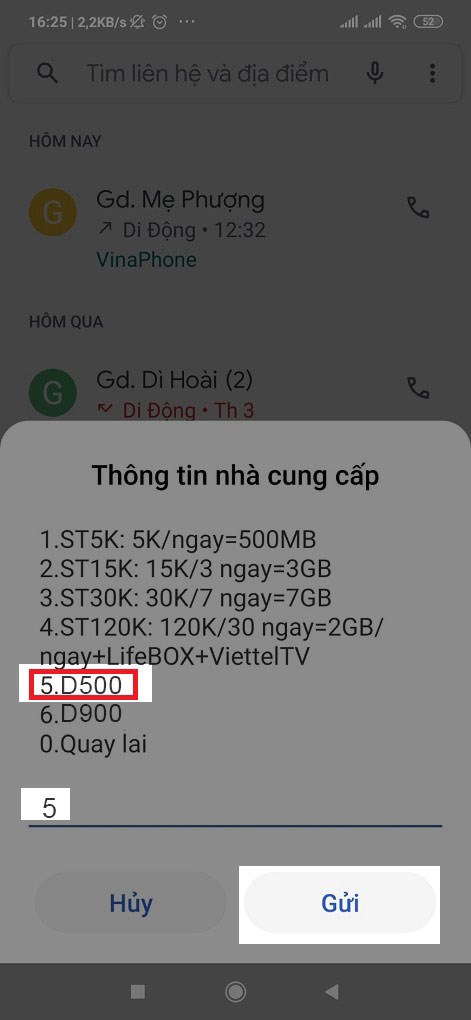 Tiếp tục chọn gói D500 bằng cách ấn phím số 5 rồi