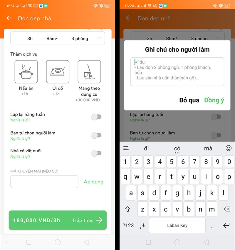 Nhập m&atilde; khuyến m&atilde;i tr&ecirc;n ứng dụng bTaskee