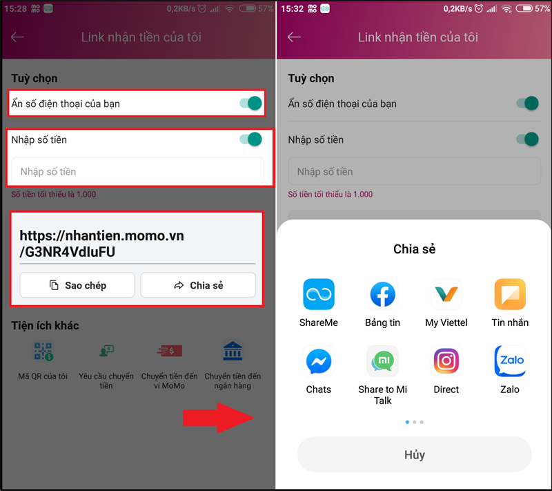 Tạo đường link chuyển tiền