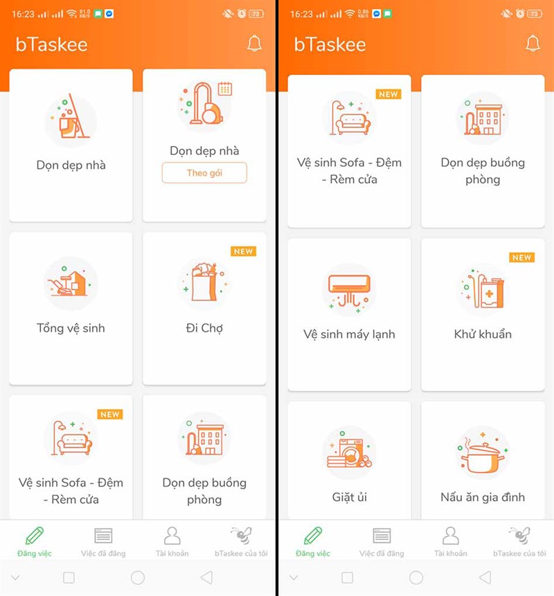  đăng nhập bạn c&oacute; thể t&ugrave;y chọn rất nhiều g&oacute;i dịch vụ như dọn dẹp nh&agrave;, đi chợ, giặt ủi, tổng vệ sinh tr&ecirc;n ừng dụng bTaskee