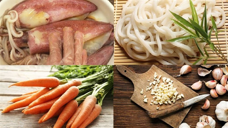 Nguyên liệu món ăn mì udon xào hải sản và thịt heo