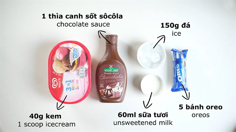 Nguyên liệu thực hiện món oreo đá xay