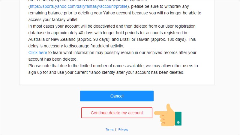 Nhấn vào Continue delete my account