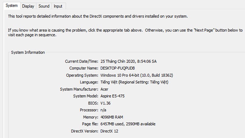 Xem bằng lệnh dxdiag