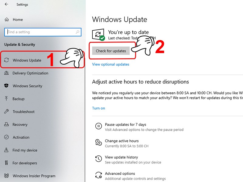 Click vào Windows Update sau đó nhấn Check for updates.