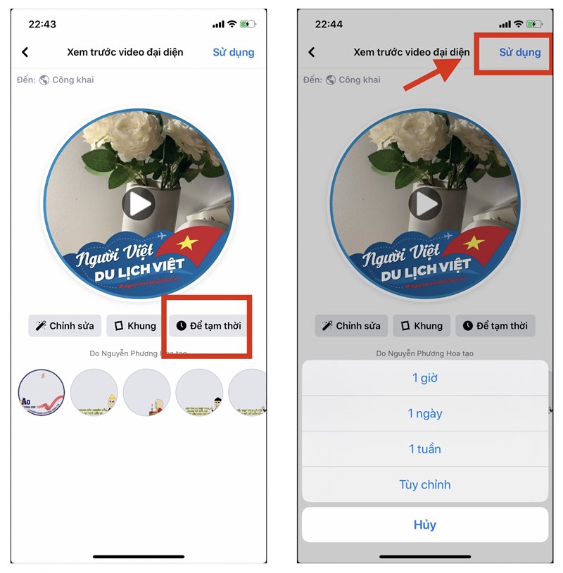 Chọn thời gian sử dụng video avatar nếu ấn vào Để tạm thời. Chọn Sử dụng ở góc phải là xong.