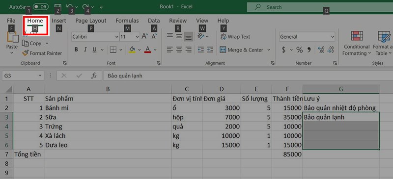 Nhấn phím H để sử dụng tab Home.