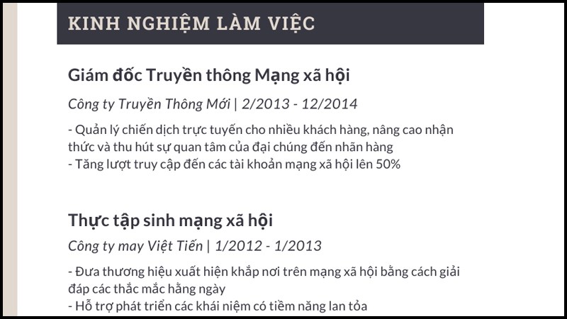 kinh nghiệm làm việc