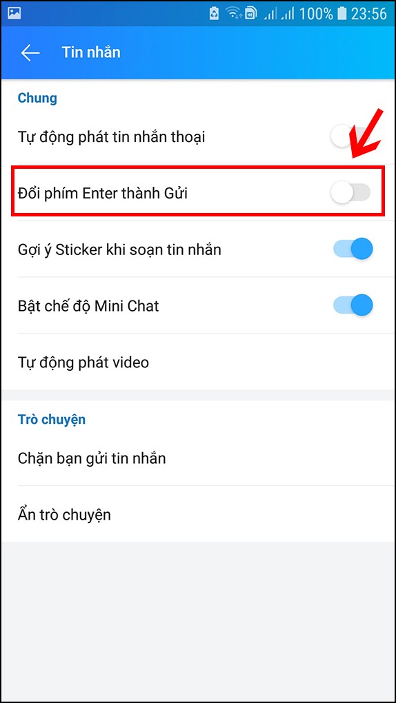 Gạt thanh trạng th&aacute;i mục&nbsp;Đổi ph&iacute;m Enter th&agrave;nh Gửi&nbsp;sang tr&aacute;i l&agrave; b&agrave;n ph&iacute;m của bạn đ&atilde; c&oacute; n&uacute;t enter để xuống d&ograve;ng khi nhắn tin