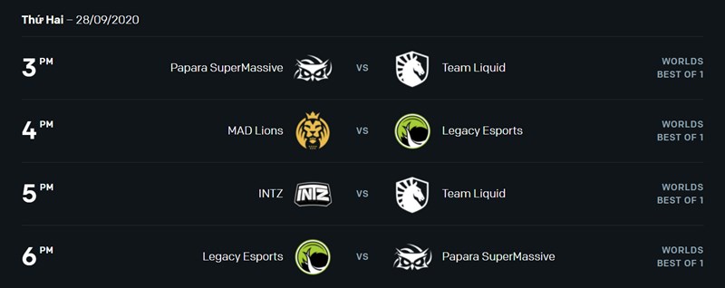 Lịch thi đấu CKTG 2020 Ng&agrave;y 4 (28/09/2020)