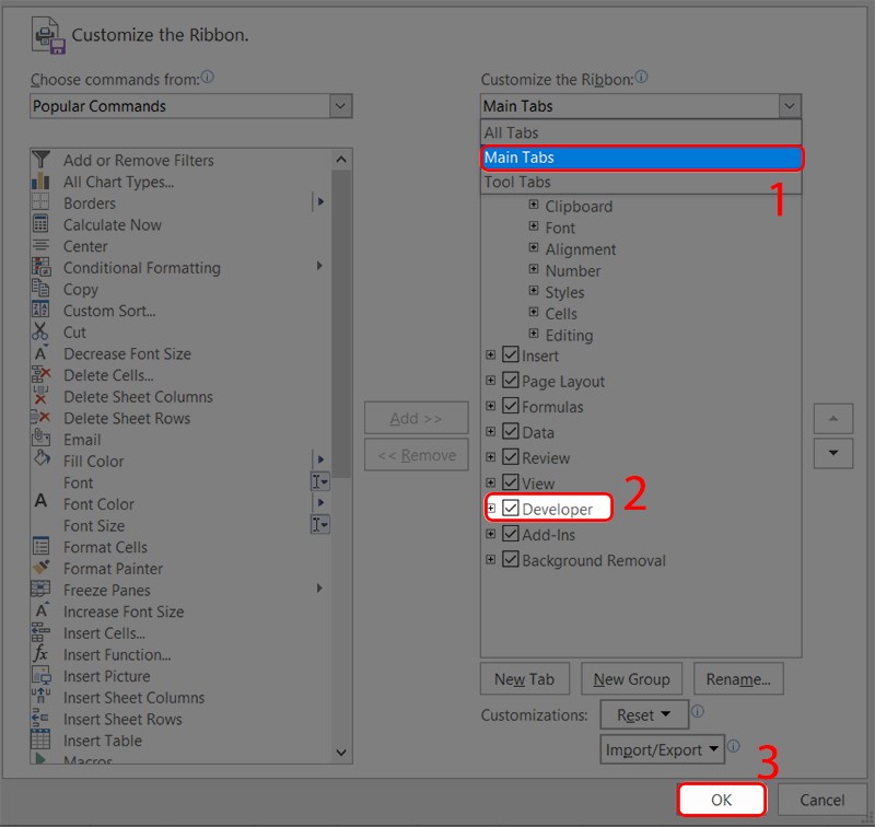 Chọn Main Tabs tích vào Developer và nhấn OK