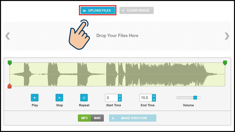 Vào trang web Ringtone Maker. Chọn Upload files để tải file MP3 mà bạn muốn cắt.