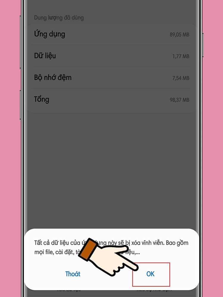 X&aacute;c nhận x&oacute;a tất cả dữ liệu chọn ok.