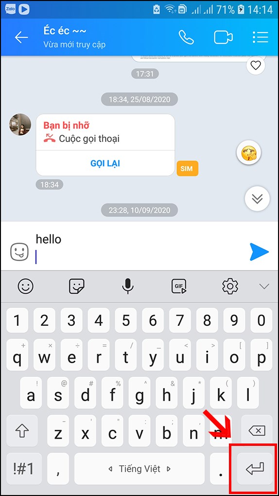 Sau khi tắt k&iacute;ch hoạt t&iacute;nh năng như tr&ecirc;n, tại giao diện b&agrave;n ph&iacute;m nhắn tin, bạn chỉ cần nhấn v&agrave;o n&uacute;t Enter hoặc k&iacute; hiệu &crarr; để xuống d&ograve;ng