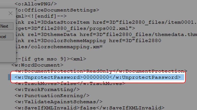 xóa bỏ dòng ký tự có chứa từ "pass" sau đây <w:UnprotectPassword>00000000</w:UnprotectPassword>