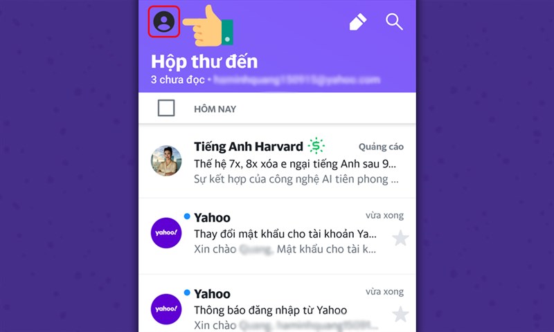 Mở ứng dụng Yahoo Mail điện thoại và chọn biểu tượng tên ở góc trái