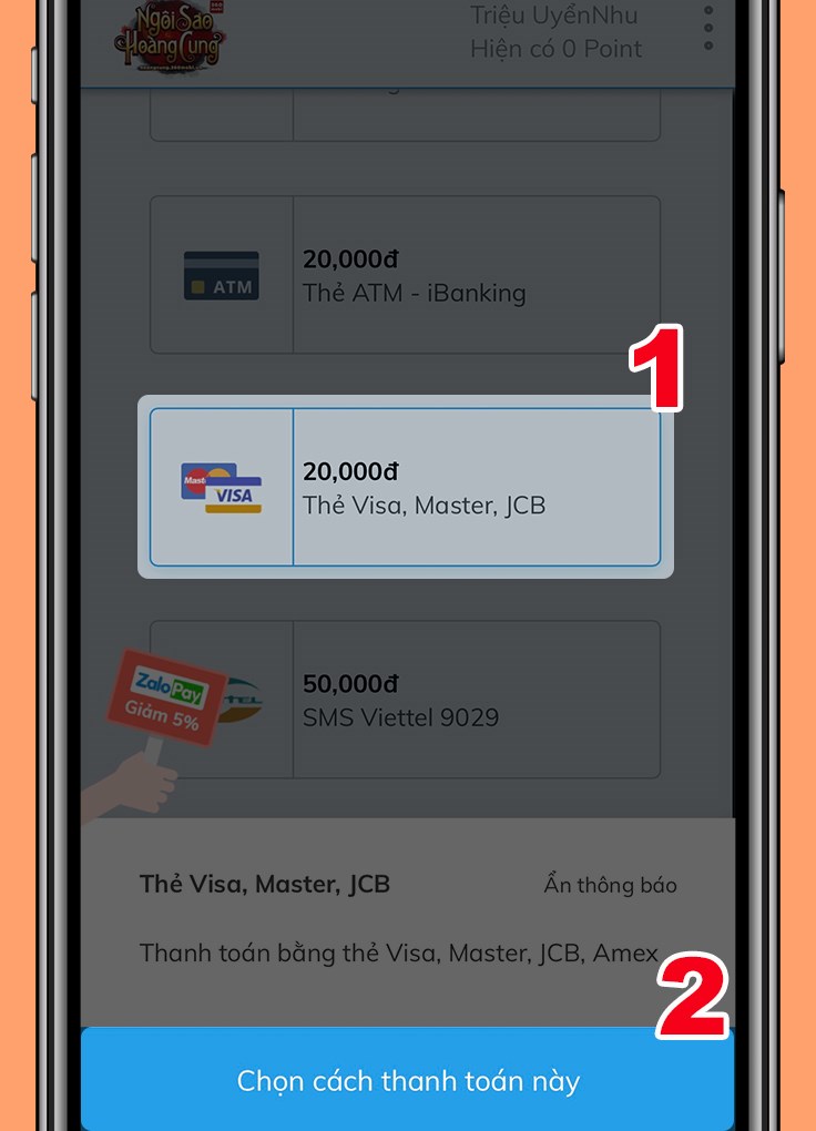Chọn cách thức thanh toán là Thẻ VISA, Master, JCB