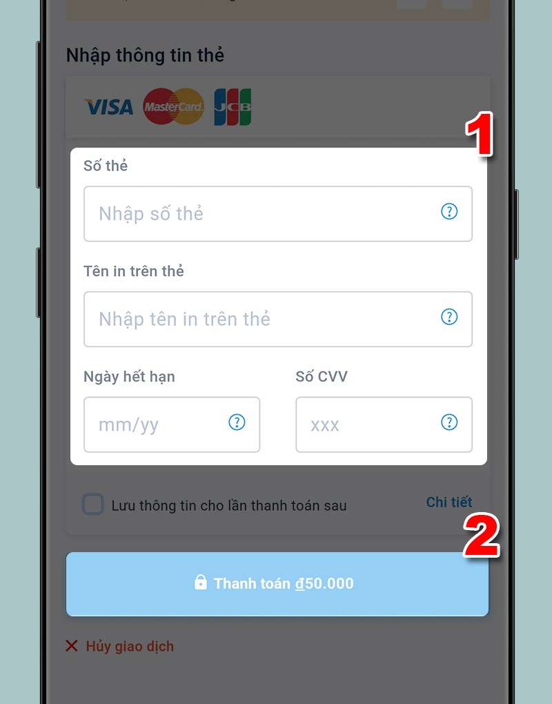Điền thông tin thẻ Visa để thanh toán