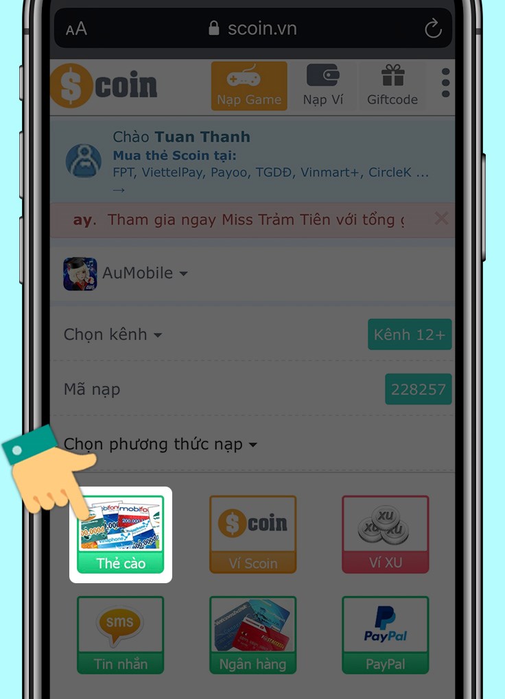 Phương thức nạp là Thẻ cào