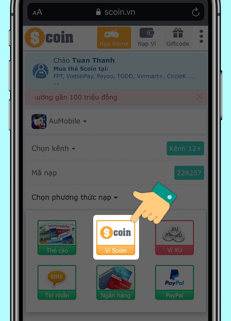Chọn phương thức thanh toán là ví Scoin