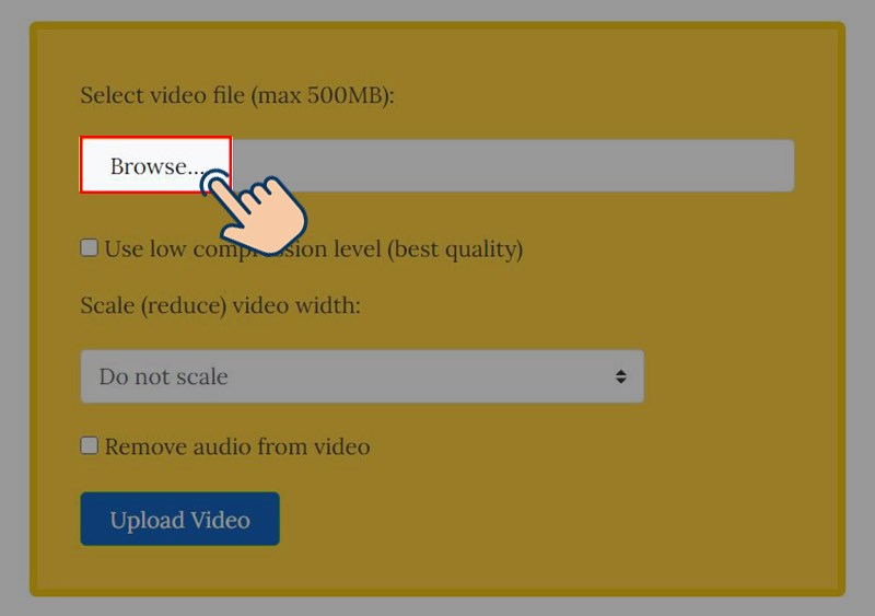 truy cập trang web Video smaller, và chọn Browse... để tải video cần nén lên.