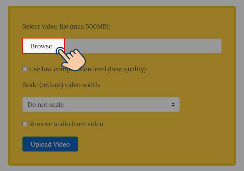 truy cập trang web Video smaller, và chọn Browse... để tải video cần nén lên.