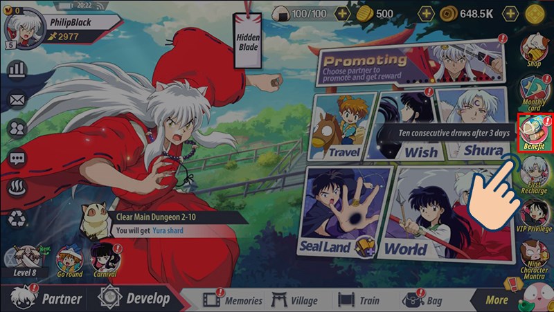  Tại giao diện chính màn hình trong game Inuyasha Awakening chọn Benefit.