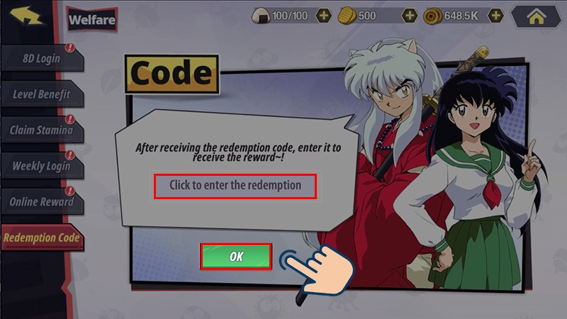 Tại đây bạn hãy nhập mã Code và nhấn Ok là có thể nhận quà.