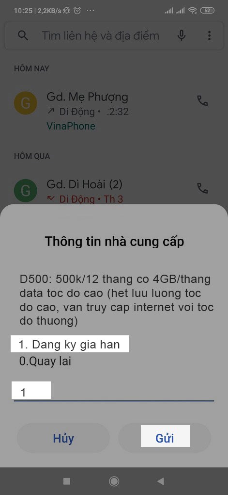 Thông báo hiện Thông tin nhà cung cấp về gói D500