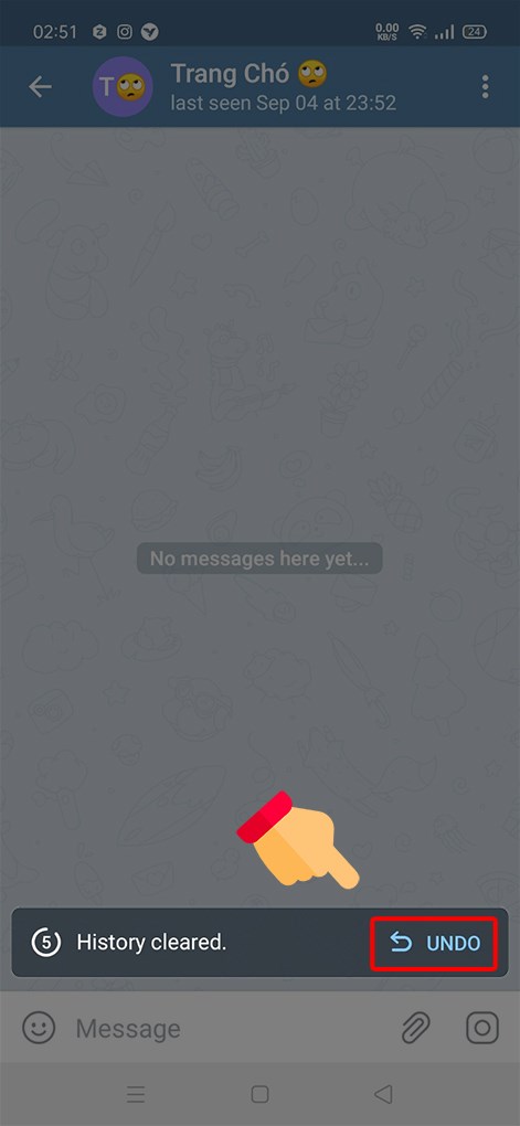Sau khi bạn xóa tin nhắn Telegram, màn hình xuất hiện thông báo khôi phục phía dưới cùng ứng dụng > Chọn biểu tượng Undo để khôi phục tin nhắn đã xóa.
