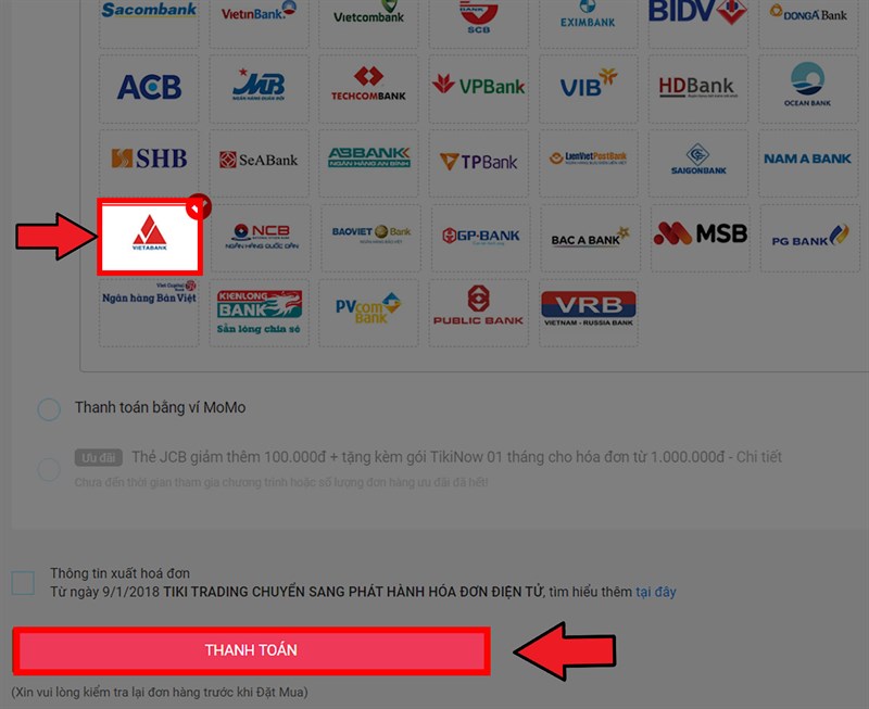 chọn ng&acirc;n h&agrave;ng bạn đăng k&iacute; Internet Banking rồi nhấn thanh to&aacute;n
