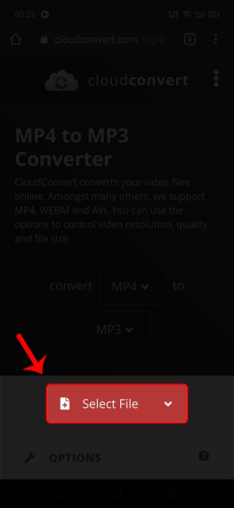Sau khi tải video nhạc hoàn tất, truy cập vào trang chuyển đổi định dạng file trực tuyến CloudConvert để chuyển video TikTok thành file mp3 > Chọn Select File. 