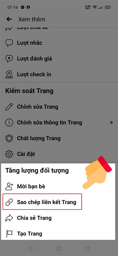 Tại mục Tăng lượng đối tượng, chọn Sao chép liên kết Trang.