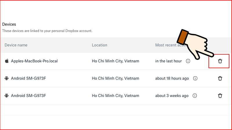 Ở mục Devices, bạn sẽ thấy các thiết bị đang đăng nhập tài khoản, để đăng xuất chọn biểu tượng thùng rác
