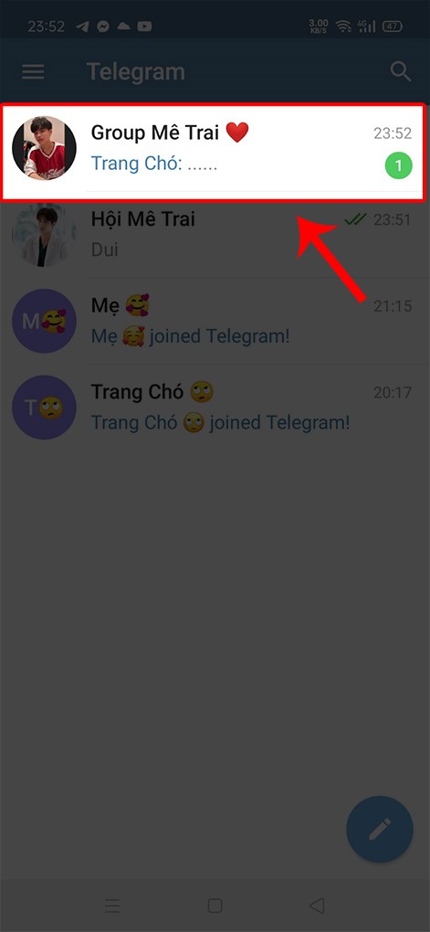Mở ứng dụng Telegram > Chọn nhóm chat của bạn.