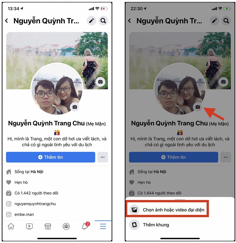 Bước 1 : Vào trang cá nhân của bạn > Chọn biểu tượng máy ảnh > Chọn phần Chọn ảnh hoặc video đại diện