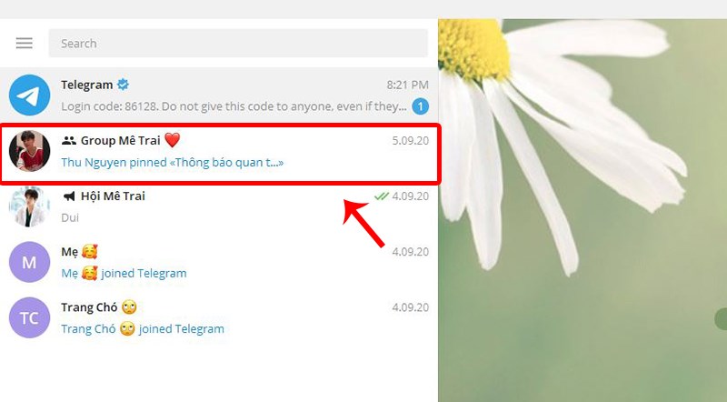 Mở ứng dụng Telegram trên máy tính > Chọn nhóm chat/kênh của bạn.