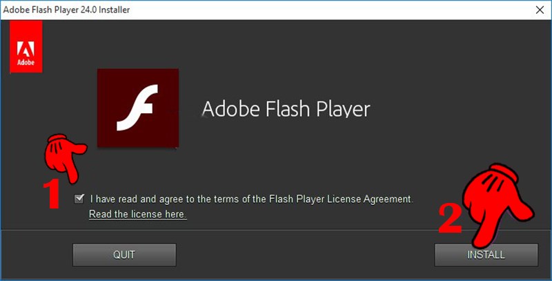 Tích chọn vào I have read and agree to the terms of the Flash Player License Agreement, rồi nhấn Install 
