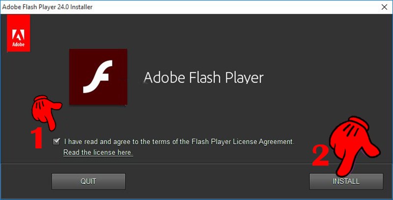 Tích chọn vào I have read and agree to the terms of the Flash Player License Agreement, rồi nhấn Install 