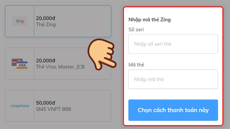 Thanh toán bằng thẻ Zing 