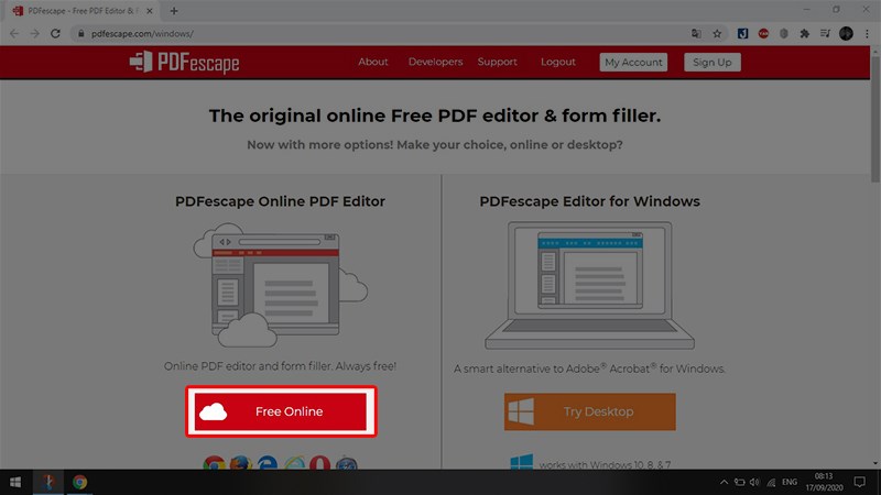 Truy cập https://www.pdfescape.com/window, ở mục PDFescape Online PDF Editor chọn Free Online để chọn chỉnh sửa Miễn phí trực tuyến.